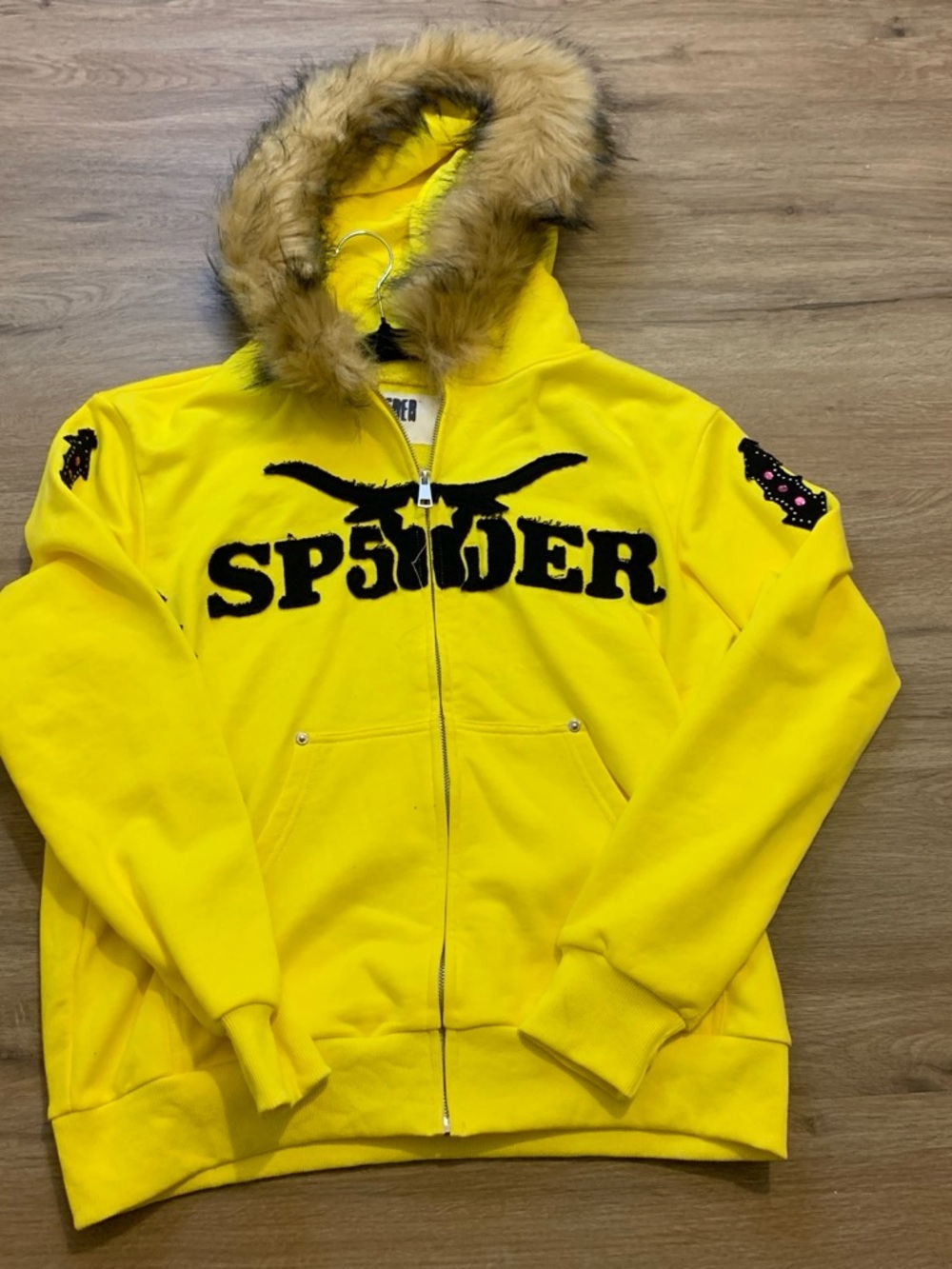 Spider Yellow Faux-Fur Hooded Zip Sweatshirt